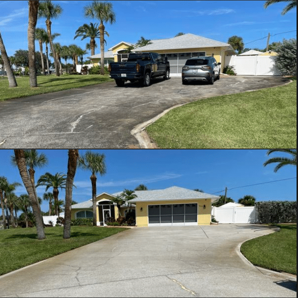 Before and after transformation of a driveway in Vero Beach, expertly pressure washed by Paradise Power Wash.