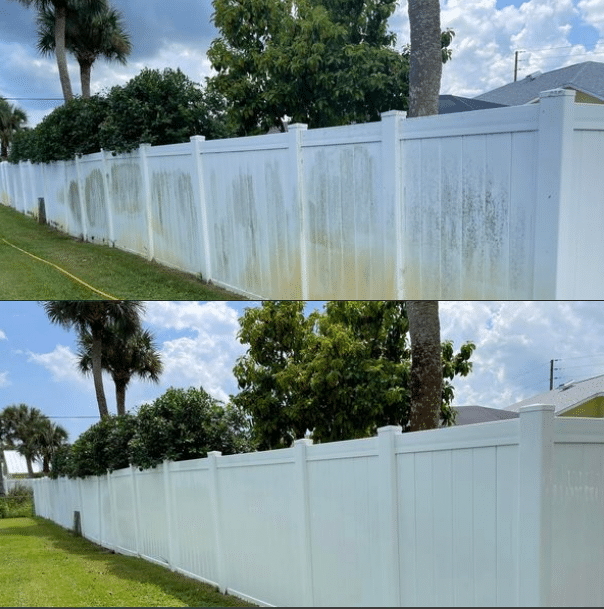 Stunning before and after comparison of a fence in Sebastian, FL, rejuvenated by Paradise Pressure Washing services.