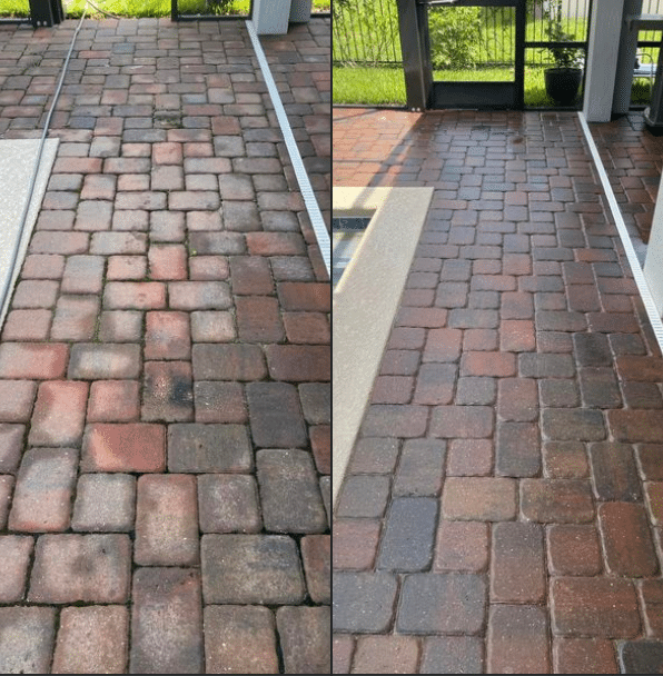 Before and after showcase of a Vero Beach walkway, revitalized to its original beauty by Paradise Pressure Washing.