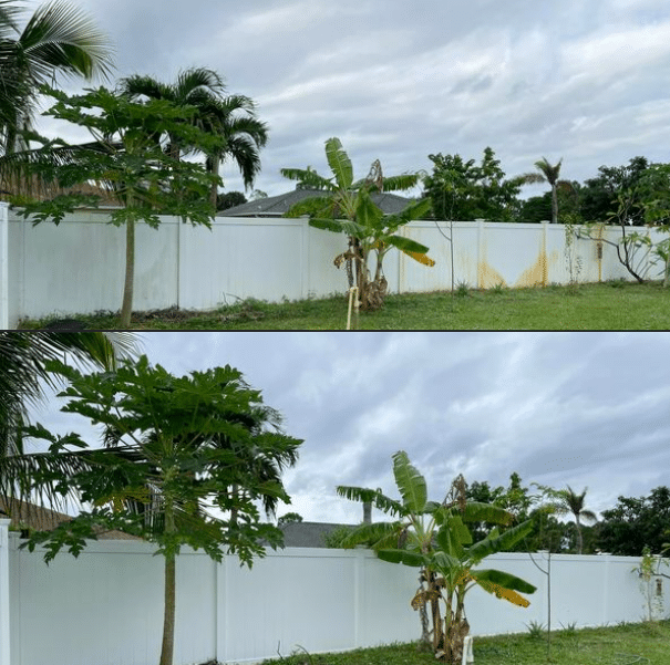 Image of before and after of a fence 
 cleaned.  pressure washing services in Sebastian FL, Vero Beach FL, Grant, Malabar, and Palm Bay FL